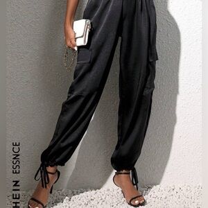 SHEIN Flap Side Pocket, Drawstring Hem and ankle Satin Pants